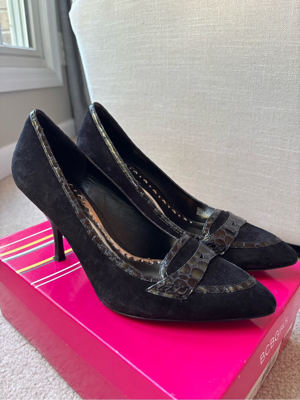 BCBGirls Black Suede Pointed Toe Pumps with Croc-Trim Accent